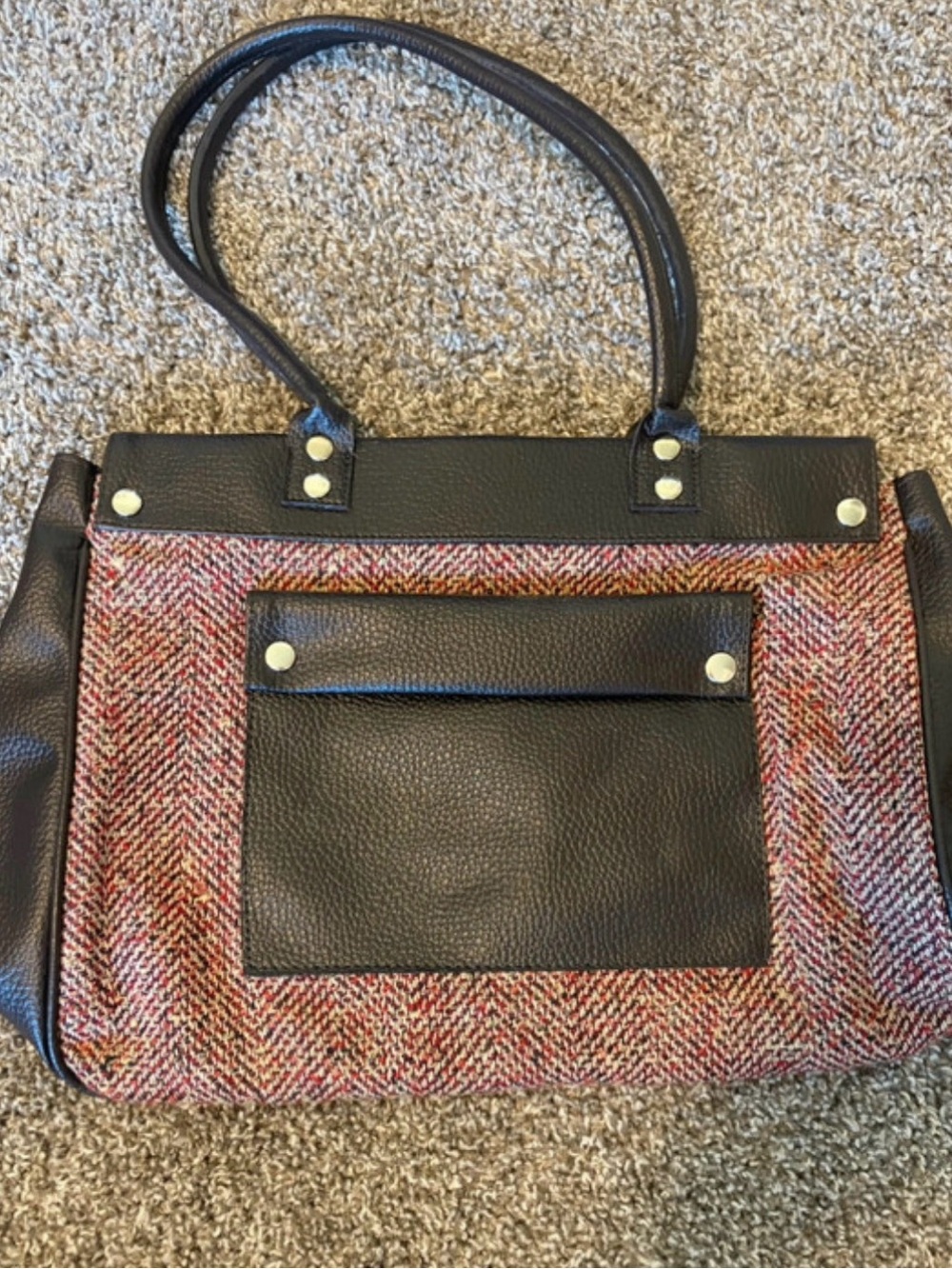 Tweed Shoulder Bag with Black Trim and Front Pocket
